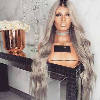 Smart Wigs QLD Australia offers Dark Root Silver Grey Natural Wavy Lace Front Wig